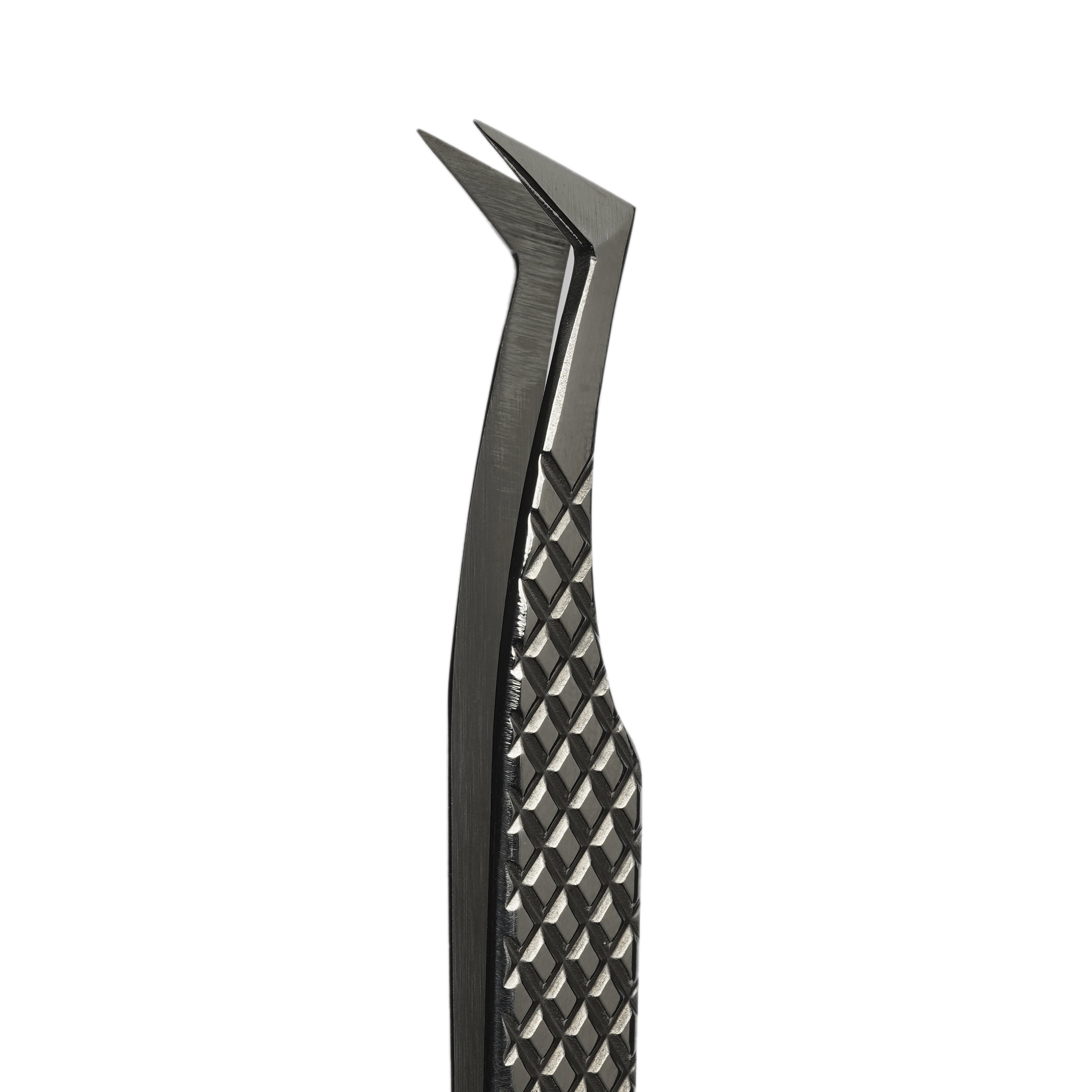 “Angled boot” diamond grip volume tweezer